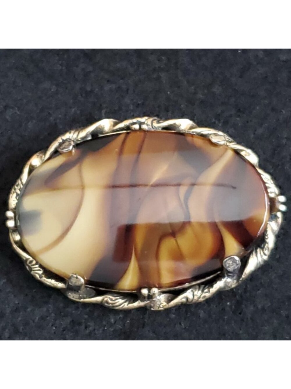 Vintage Brooch Brown Swirl Glass Gold Tone Statement 2.5"